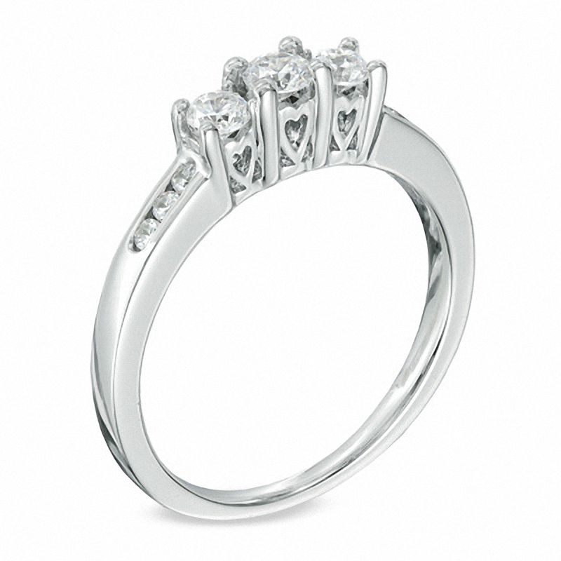 Main Image 2 of Previously Owned - 1/2 CT. T.W. Diamond Past Present Future® Heart Trio Accent Ring in 14K White Gold