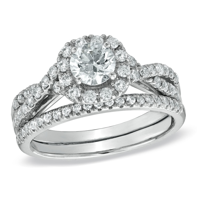 Main Image 1 of Previously Owned - 1 CT. T.W. Diamond Frame Twist Bridal Set in 14K White Gold