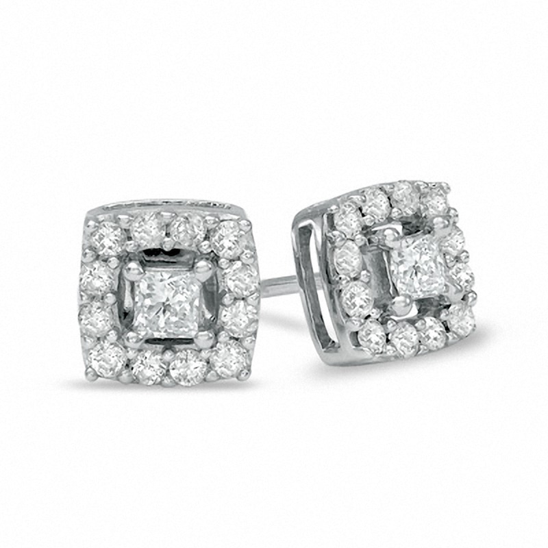 Main Image 1 of Previously Owned - 1/2 CT. T.W. Princess-Cut Diamond Frame Stud Earrings in 10K White Gold