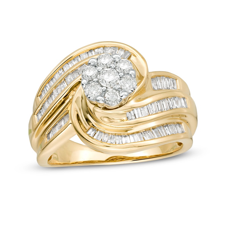 Previously Owned - 1 CT. T.W. Composite Diamond Frame Multi-Row Swirl Bypass Ring in 10K Gold