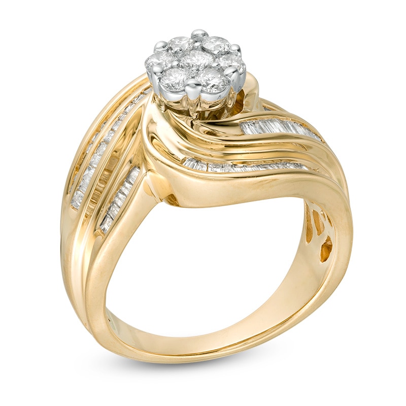Previously Owned - 1 CT. T.W. Composite Diamond Frame Multi-Row Swirl Bypass Ring in 10K Gold
