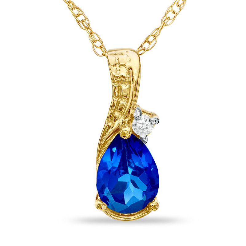 Previously Owned - Pear-Shaped Lab-Created Blue Sapphire and Diamond Accent Teardrop Pendant in 10K Gold