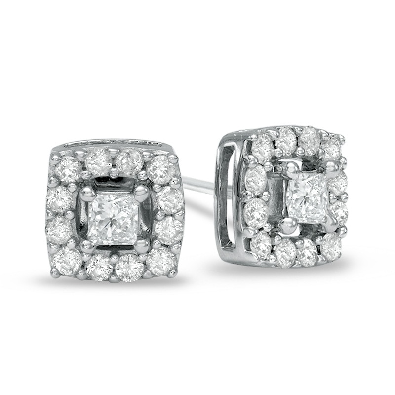 Main Image 1 of Previously Owned - 3/4 CT. T.W. Princess-Cut Diamond Frame Stud Earrings in 10K White Gold