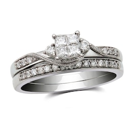 Previously Owned 1/3 CT. T.W. Quad Princess-Cut Diamond Soldered Bridal Set in 10K White Gold