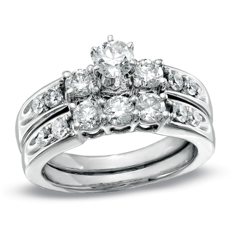 Main Image 1 of Previously Owned 1-1/2 CT. T.W. Diamond Three Stone Soldered Bridal Set in 14K White Gold