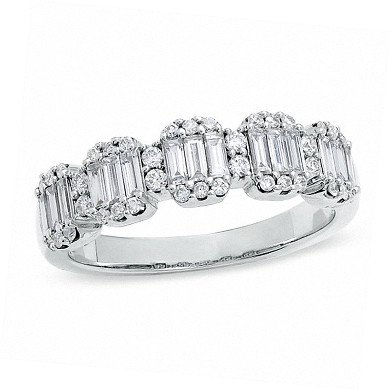 Main Image 1 of Previously Owned - 3/4 CT. T.W. Baguette and Round Diamond Band in 14K White Gold