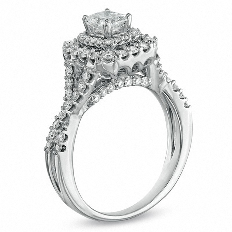 Main Image 2 of Previously Owned - 1-1/4 CT. T.W.  Radiant-Cut Diamond Frame Engagement Ring in 14K White Gold (I/I1)