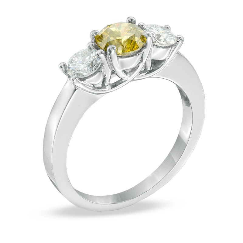 Previously Owned - 1-1/2 CT. T.W. Enhanced Yellow and White Diamond Three Stone Ring in 14K White Gold