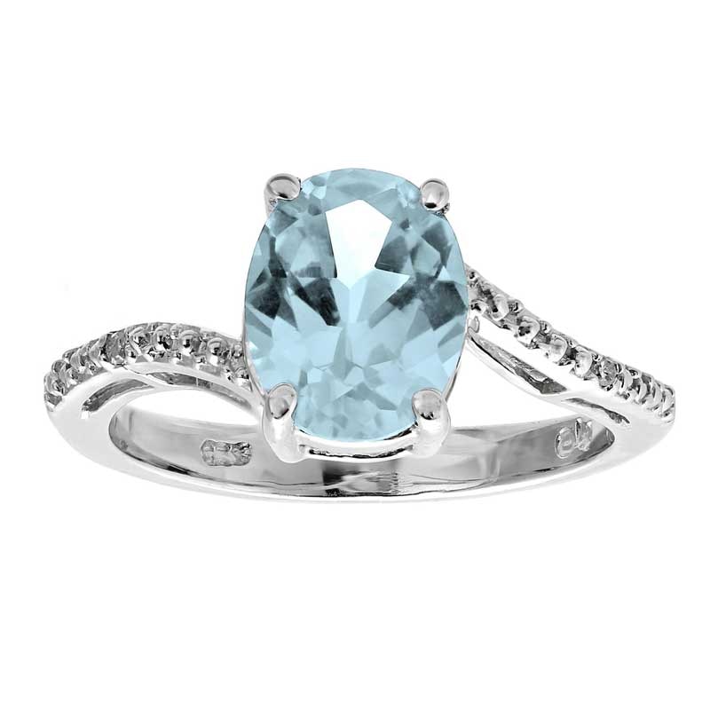 Previously Owned - Oval Lab-Created Aquamarine and Diamond Accent Ring in Sterling Silver
