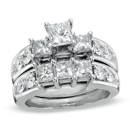 Previously Owned - 3 CT. T.W. Princess-Cut Diamond Three Stone Bridal Set in 14K White Gold
