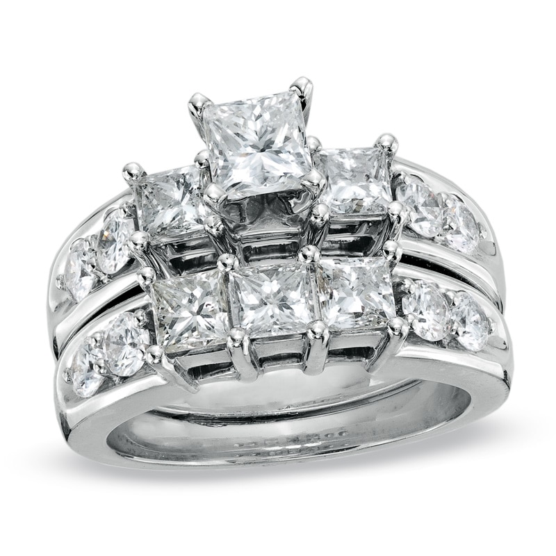 Main Image 1 of Previously Owned - 3 CT. T.W. Princess-Cut Diamond Three Stone Bridal Set in 14K White Gold