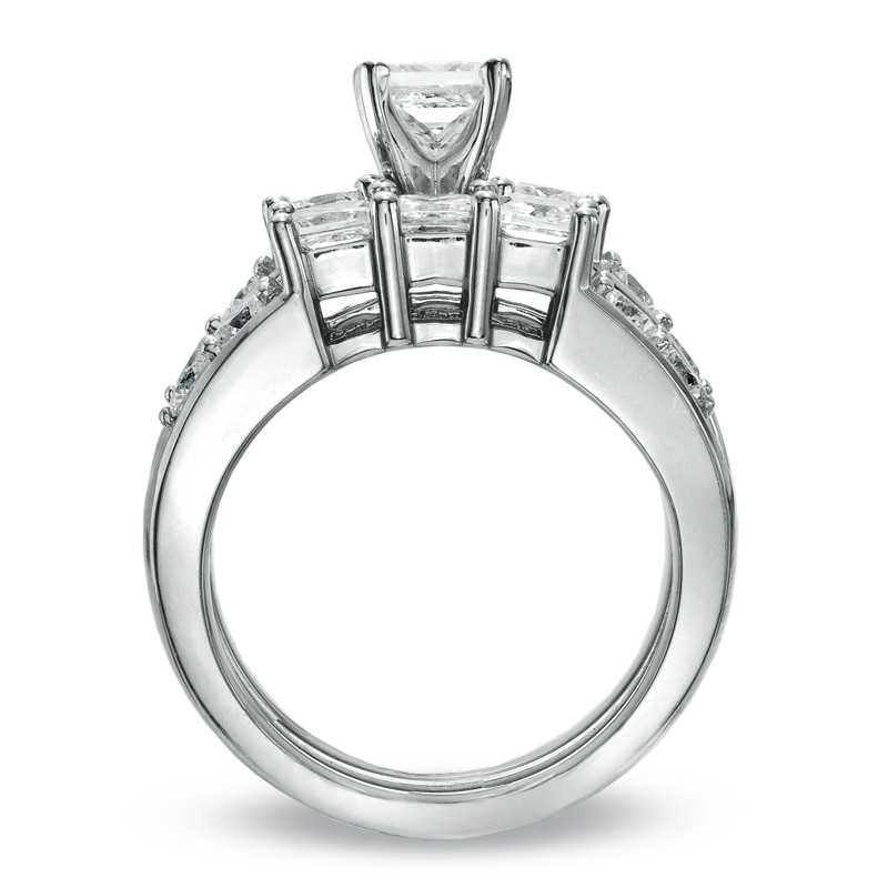 Main Image 2 of Previously Owned - 3 CT. T.W. Princess-Cut Diamond Three Stone Bridal Set in 14K White Gold