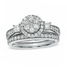 Previously Owned - 1 CT. T.W. Round and Princess-Cut Diamond Flower Bridal Set in 10K White Gold