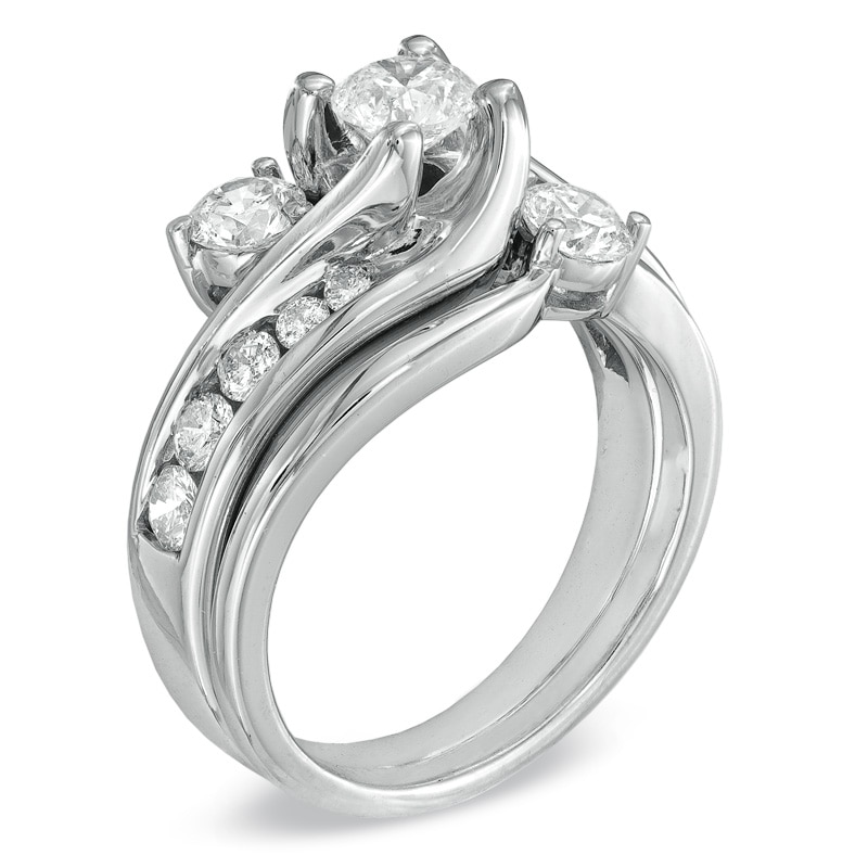 Main Image 2 of Previously Owned 1-1/2 CT. T.W. Diamond Three Stone Soldered Bridal Set in 14K White Gold