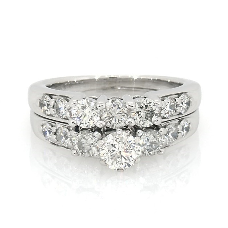 Main Image 1 of Previously Owned 2 CT. T.W. Diamond Three Stone Soldered Bridal Set in 14K White Gold