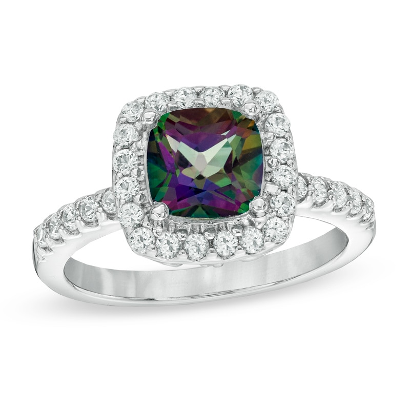 Previously Owned - 7.0mm Mystic Fire® Topaz and Lab-Created White Sapphire Frame Ring in Sterling Silver