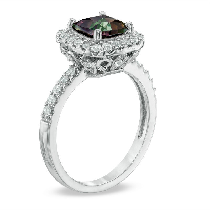 Previously Owned - 7.0mm Mystic Fire® Topaz and Lab-Created White Sapphire Frame Ring in Sterling Silver