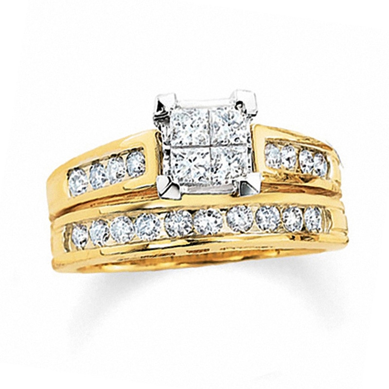 Main Image 1 of Previously Owned - 2 CT. T.W. Quad Princess-Cut Diamond Bridal Set in 14K Gold