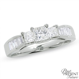 Previously Owned - 1 CT. T.W. Princess-Cut Diamond Past Present Future® Ring in 14K White Gold