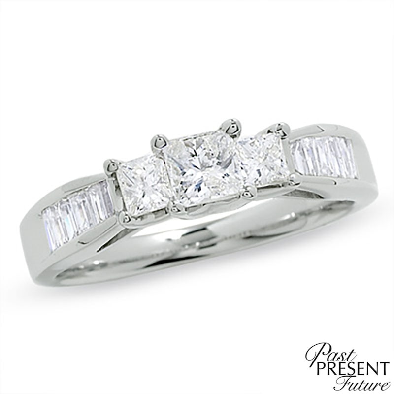 Main Image 1 of Previously Owned - 1 CT. T.W. Princess-Cut Diamond Past Present Future® Ring in 14K White Gold