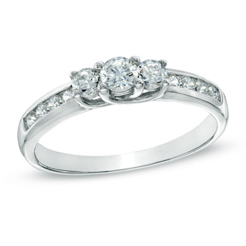 Previously Owned - 1/2 CT. T.W. Diamond Three Stone Engagement Ring in 10K White Gold