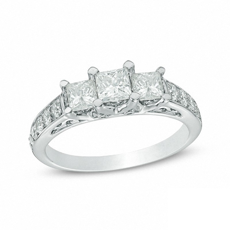 Main Image 1 of Previously Owned - 1-1/5 CT. T.W. Princess-Cut Diamond Three Stone Engagement Ring in 14K White Gold