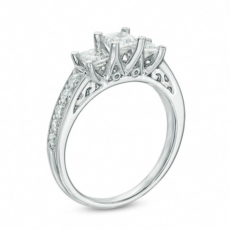 Main Image 2 of Previously Owned - 1-1/5 CT. T.W. Princess-Cut Diamond Three Stone Engagement Ring in 14K White Gold