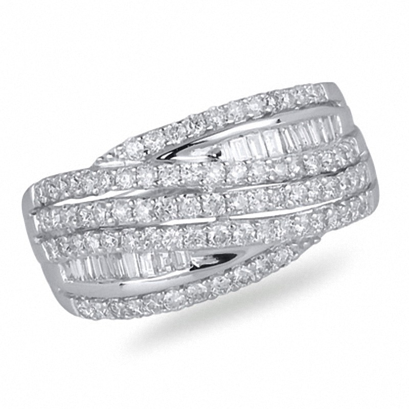 Main Image 1 of Previously Owned - 7/8 CT. T.W. Baguette and Round Diamond Cross-Over Ring in 14K White Gold