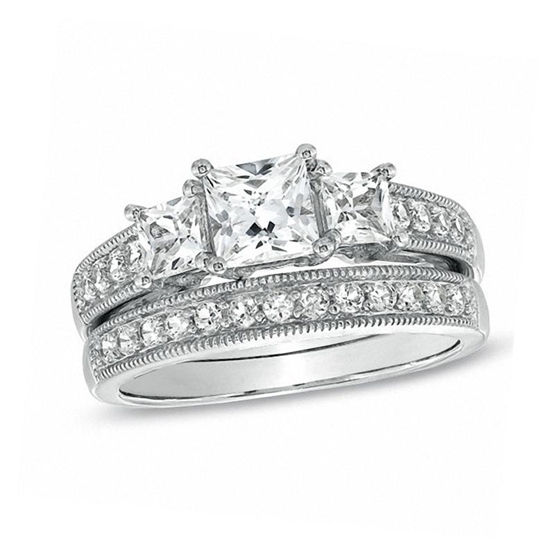 Previously Owned - Princess-Cut Lab-Created White Sapphire Three Stone Vintage-Style Bridal Set in Sterling Silver