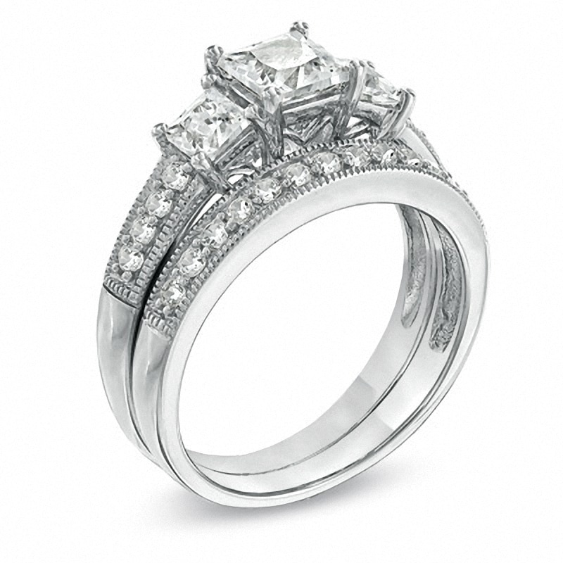 Previously Owned - Princess-Cut Lab-Created White Sapphire Three Stone Vintage-Style Bridal Set in Sterling Silver