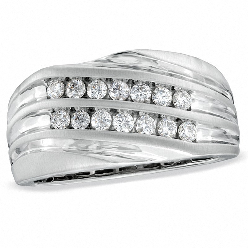 Main Image 1 of Previously Owned - Men's 1/2 CT. T.W. Diamond Double Row Slant Anniversary Band in 10K White Gold