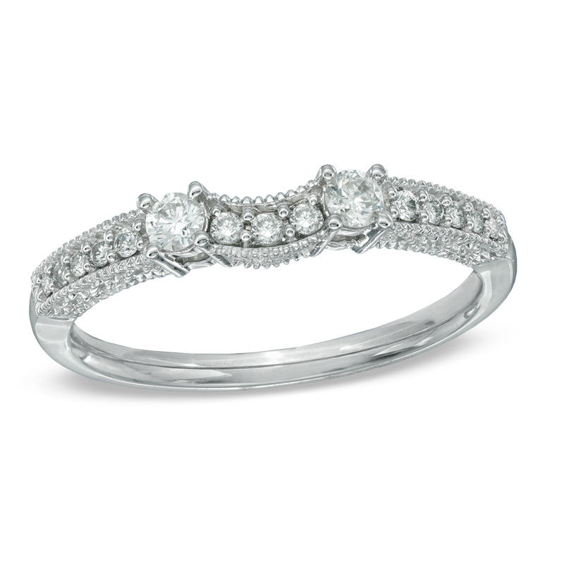 Main Image 1 of Previously Owned - 1/4 CT. T.W. Diamond Vintage-Style Contour Wedding Band in 14K White Gold