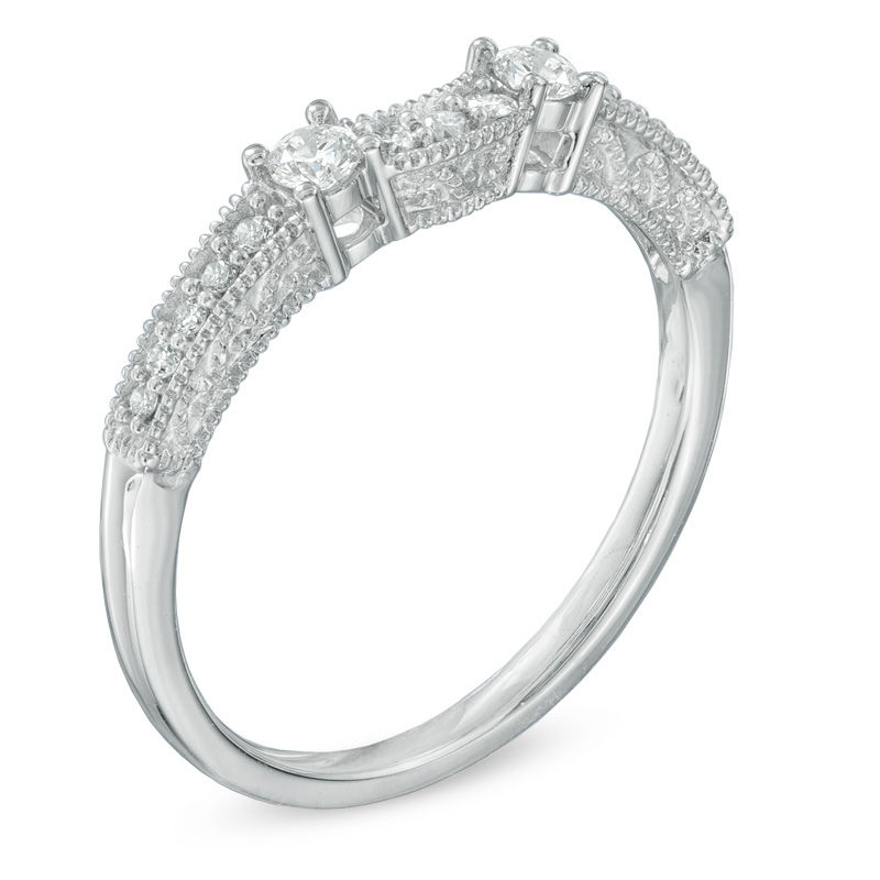 Main Image 2 of Previously Owned - 1/4 CT. T.W. Diamond Vintage-Style Contour Wedding Band in 14K White Gold