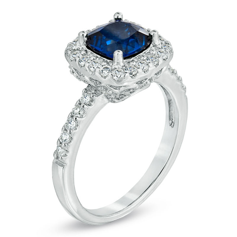Main Image 2 of Previously Owned - 7.0mm Cushion-Cut Lab-Created Blue and White Sapphire Frame Ring in Sterling Silver