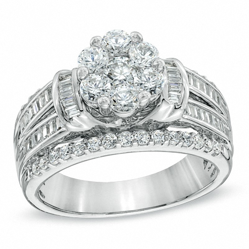 Main Image 1 of Previously Owned - 1-1/4 CT. T.W. Diamond Cluster Multi-Row Engagement Ring in 10K White Gold