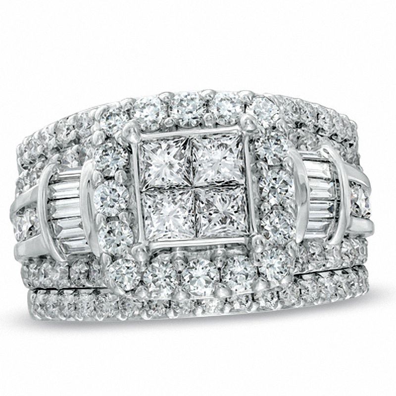 Previously Owned 3 CT. T.W. Quad Princess-Cut Diamond Frame Soldered Bridal Set in 14K White Gold