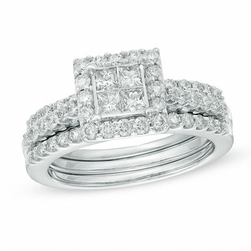 Previously Owned 1-1/4 CT. T.W. Quad Princess-Cut Diamond Soldered Bridal Set in 14K White Gold