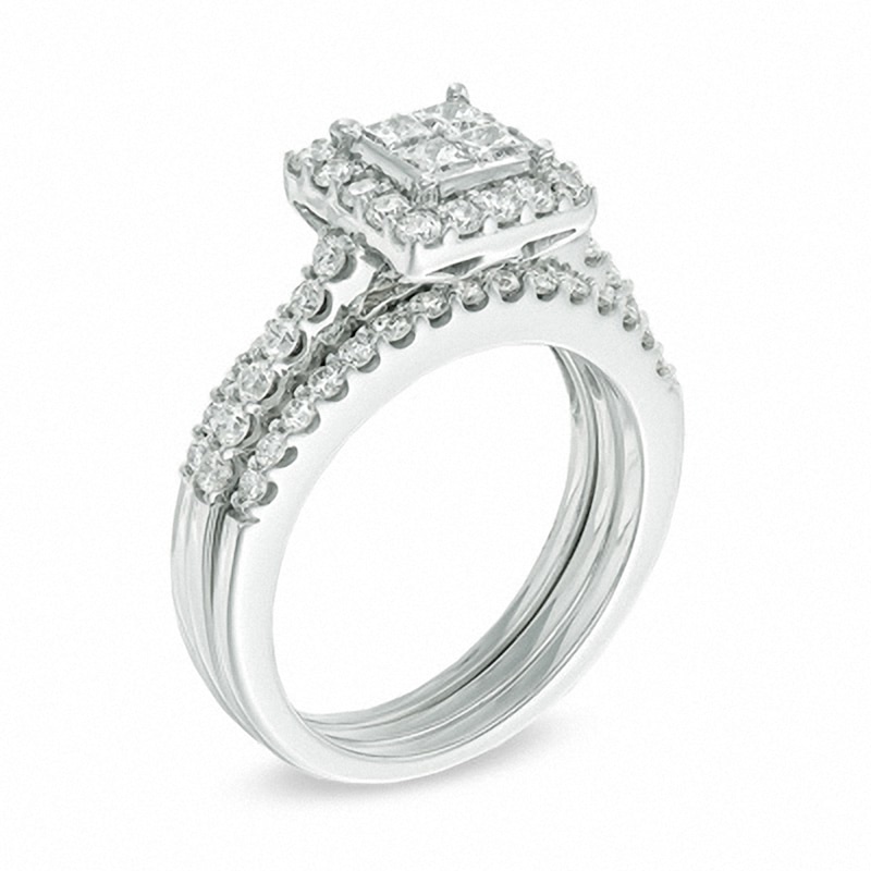 Previously Owned 1-1/4 CT. T.W. Quad Princess-Cut Diamond Soldered Bridal Set in 14K White Gold