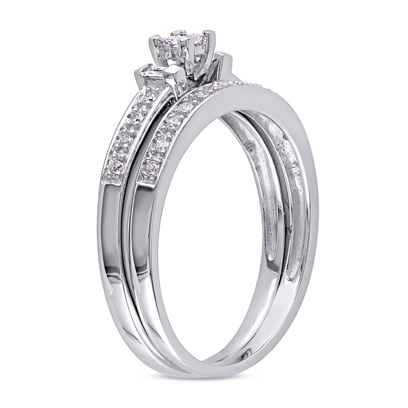 Previously Owned - 1/3 CT. T.W. Princess-Cut Diamond Three Stone Bridal Set in 10K White Gold