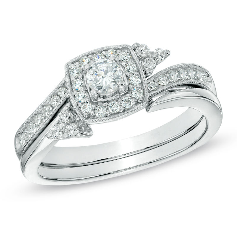 Main Image 1 of Previously Owned - 1/2 CT. T.W. Diamond Square Frame Bridal Set in 10K White Gold