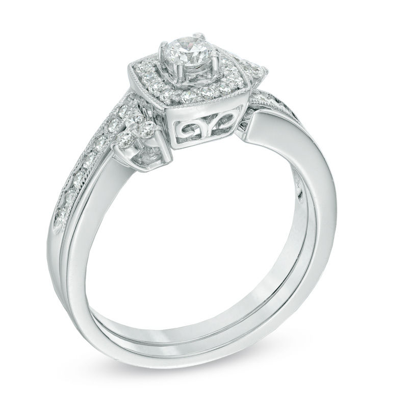 Main Image 2 of Previously Owned - 1/2 CT. T.W. Diamond Square Frame Bridal Set in 10K White Gold