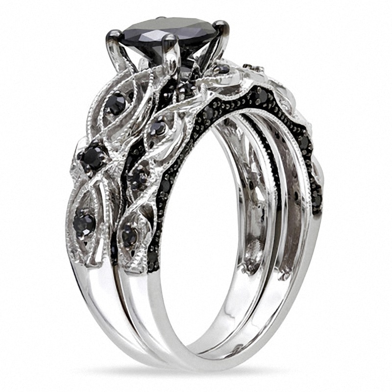 Previously Owned - 1-3/8 CT. T.W. Black Diamond Vintage-Style Bridal Set in 10K White Gold