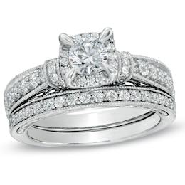 Previously Owned 1-1/5 CT. T.W. Diamond Vintage-Style Soldered Bridal Set in 14K White Gold
