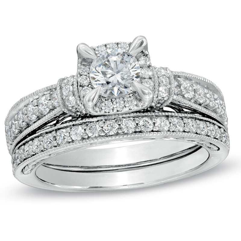 Main Image 1 of Previously Owned 1-1/5 CT. T.W. Diamond Vintage-Style Soldered Bridal Set in 14K White Gold