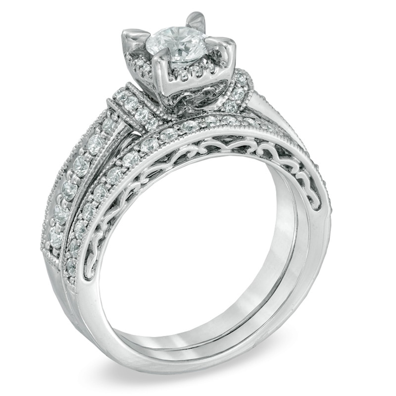 Main Image 2 of Previously Owned 1-1/5 CT. T.W. Diamond Vintage-Style Soldered Bridal Set in 14K White Gold