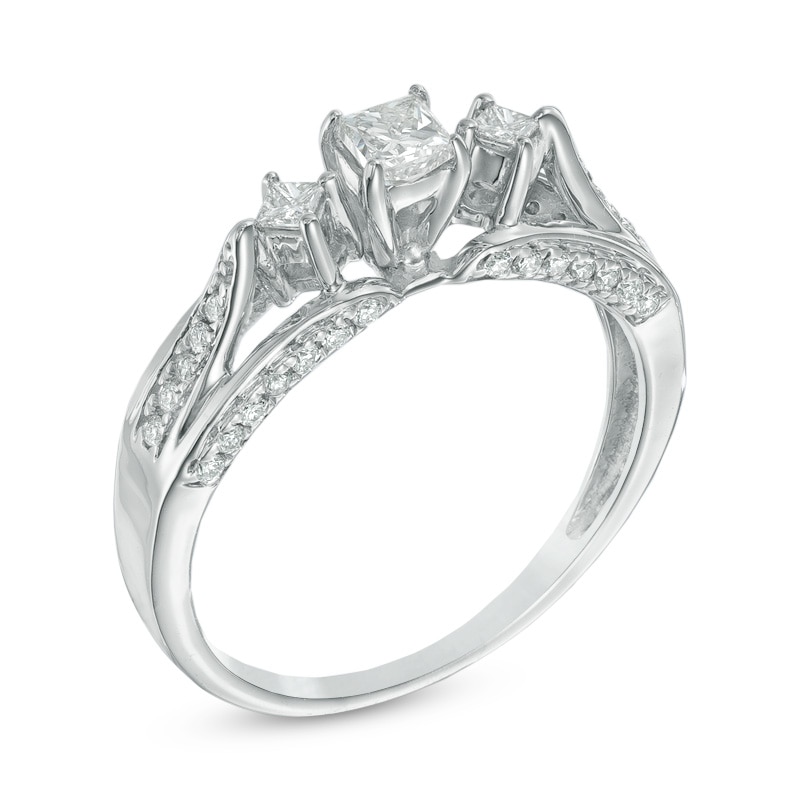 Main Image 2 of Previously Owned - 1/2 CT. T.W. Princess-Cut Diamond Three Stone Engagement Ring in 14K White Gold (I/SI2)