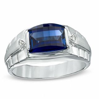 Previously Owned - Men's Barrel-Cut Lab-Created Blue Sapphire and ...