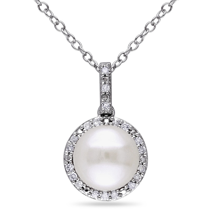 Main Image 1 of Previously Owned-8.0-8.5mm Button Freshwater Cultured Pearl and 1/10 CT. T.W. Diamond Frame Pendant