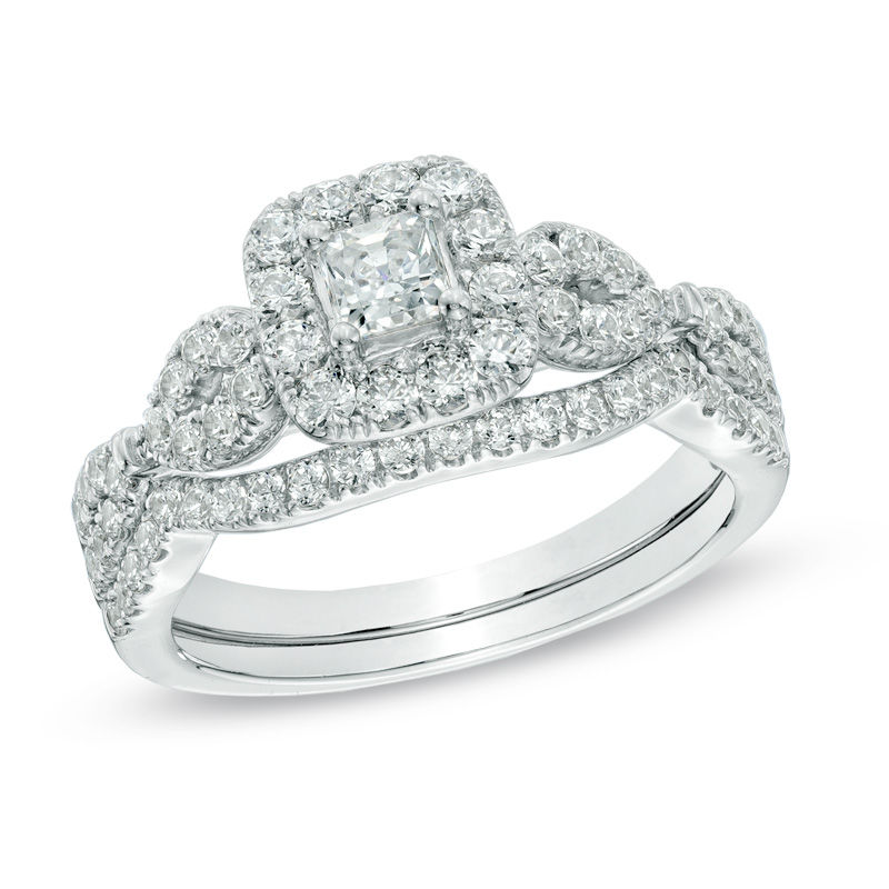 Main Image 1 of Previously Owned - 1 CT. T.W. Princess-Cut Diamond Frame Twist Bridal Set in 14K White Gold