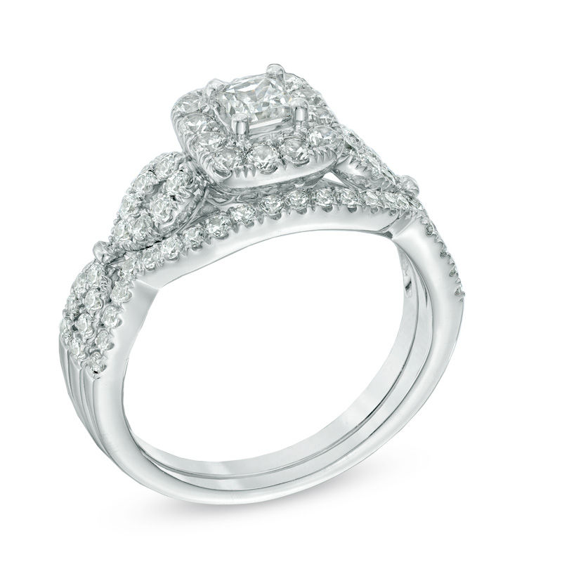 Main Image 2 of Previously Owned - 1 CT. T.W. Princess-Cut Diamond Frame Twist Bridal Set in 14K White Gold